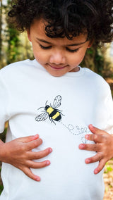 white unisex organic cotton kid's T shirt with bee animal print