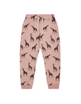 Flatlay of organic cotton children's joggers in salmon pink with animal print