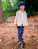 boy wearing navy blue organic cotton unisex joggers with polar bear design