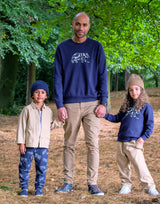 navy blue organic cotton unisex sweatshirt with polar bear design for adult and kids
