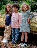 Organic cotton olive green dress and navy blue and olive green unisex kids sweatshirt with animal prints