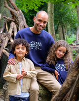 Close Up of Adult and Kids wearing Unisex Organic Cotton Sweater in Navy Blue Animal Print