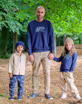Adult and Kids wearing Unisex Organic Cotton Sweater in Navy Blue Animal Print