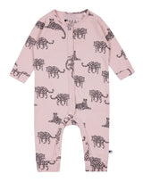 Flatlay of salmon pink unisex organic cotton baby romper onesie with leopard animal print