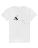 Flatlay of unisex organic cotton kid's T shirt in white with bee animal print