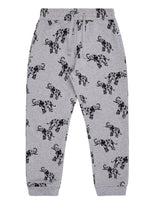 Flatlay of unisex organic cotton kid's joggers in grey with elephant animal print