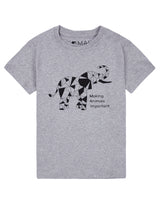 Flatlay of unisex organic cotton kid's T shirt in grey with elephant animal print