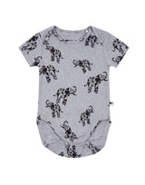 Flatlay of grey unisex organic cotton baby bodysuit with elephant animal print