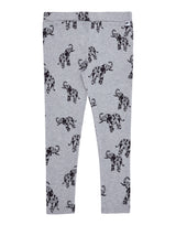 Flatlay of unisex organic cotton kid's leggings in grey with elephant animal print