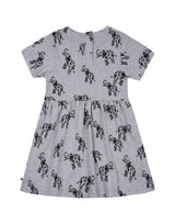 Back flatlay of grey organic cotton dress with elephant animal print