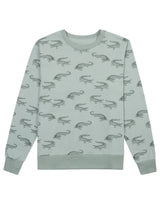 Flatlay of organic cotton sweatshirt in olive green with animal print for adults