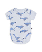 Back Flatlay of Unisex Animal Print Organic Cotton Bodysuit in Blue