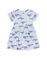 Back Flatlay of Animal Whale Print Organic Cotton Dress in Baby Blue