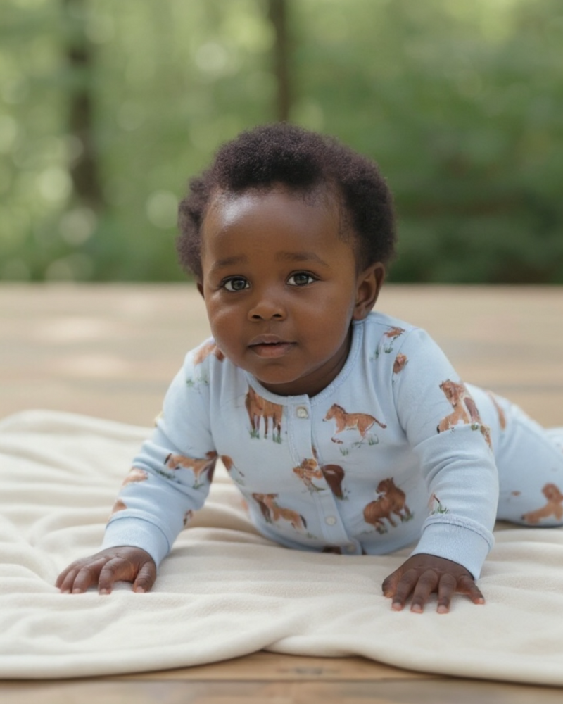 Baby crawling on a cream blanket, wearing a soft blue Exmoor pony print romper made from organic cotton
