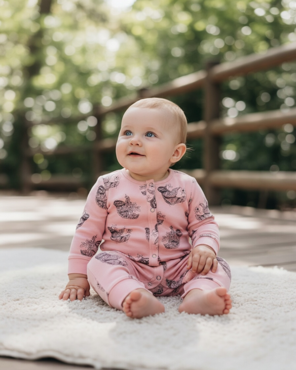 Baby sitting outdoors on a cream blanket wearing a pink organic cotton romper with all-over sloth print