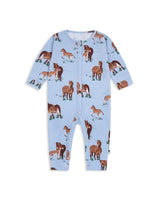 Flat lay of soft blue organic cotton romper with playful Exmoor pony print and front popper fastening
