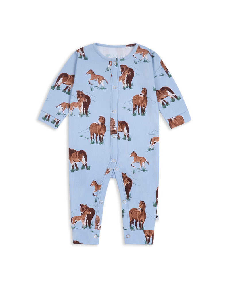 Flat lay of soft blue organic cotton romper with playful Exmoor pony print and front popper fastening