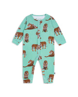 Flat lay of green organic cotton romper with Sumatran tiger print and front popper fastening