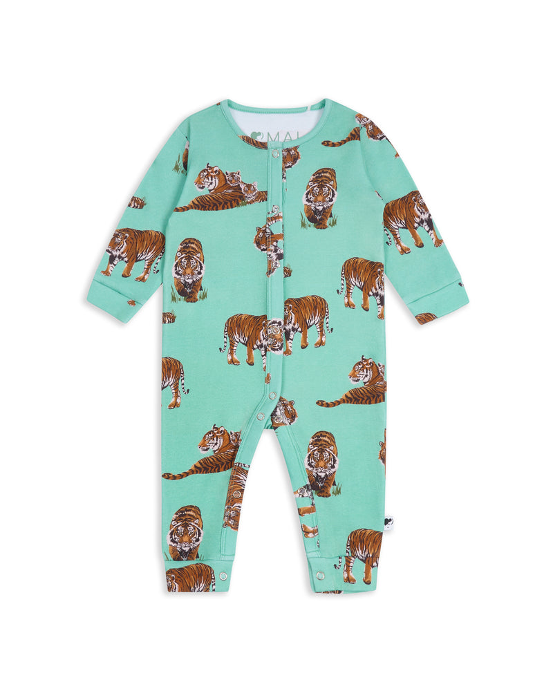 Flat lay of green organic cotton romper with Sumatran tiger print and front popper fastening