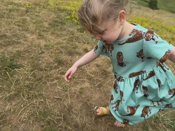 animal print dress, girl dress, toddler dress, organic cotton dress, tiger print dress, short sleeves