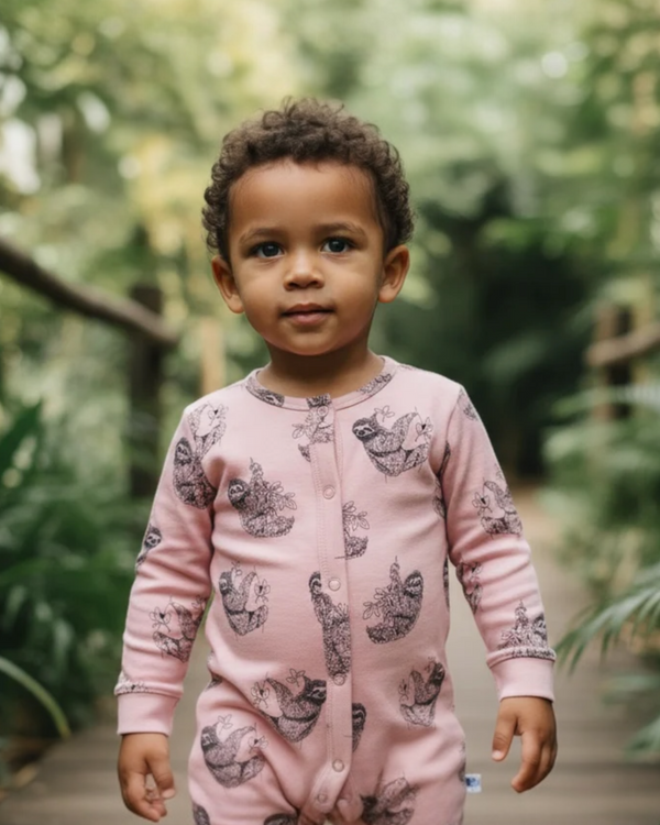 Close up image of Toddler standing on wooden walkway surrounded by greenery, wearing pink sloth print organic cotton romper