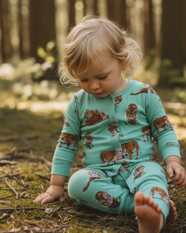 Toddler sitting on a forest floor, wearing a green organic cotton romper with playful Sumatran tiger print