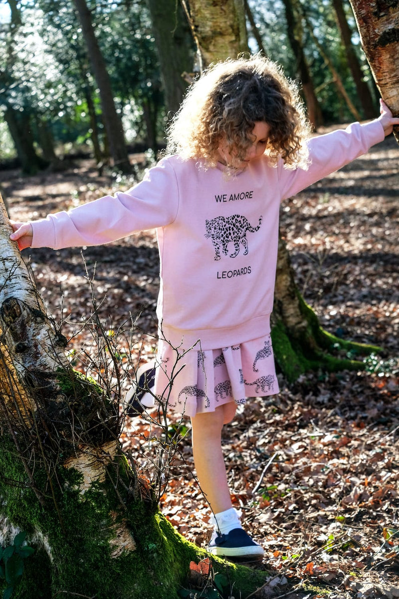 Girls ethical clothes, organic cotton, sustainable clothing, animal print, British design, ethical childrens clothes, amur leopard print